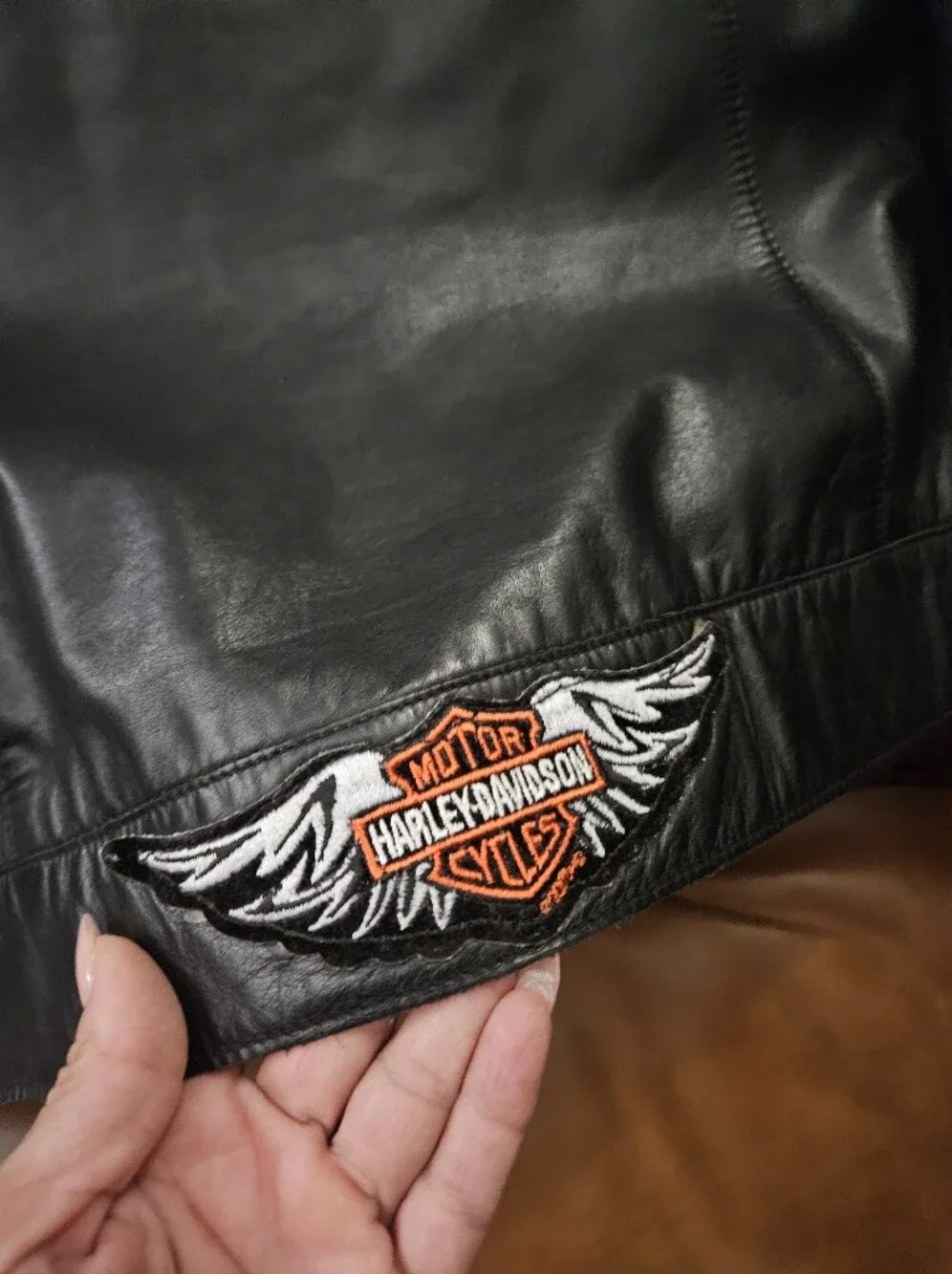 Banana Republic Men’s Black Leather Bomber With Harley Davidson Patch Small